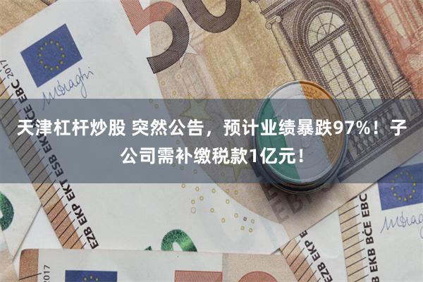天津杠杆炒股 突然公告，预计业绩暴跌97%！子公司需补缴税款1亿元！